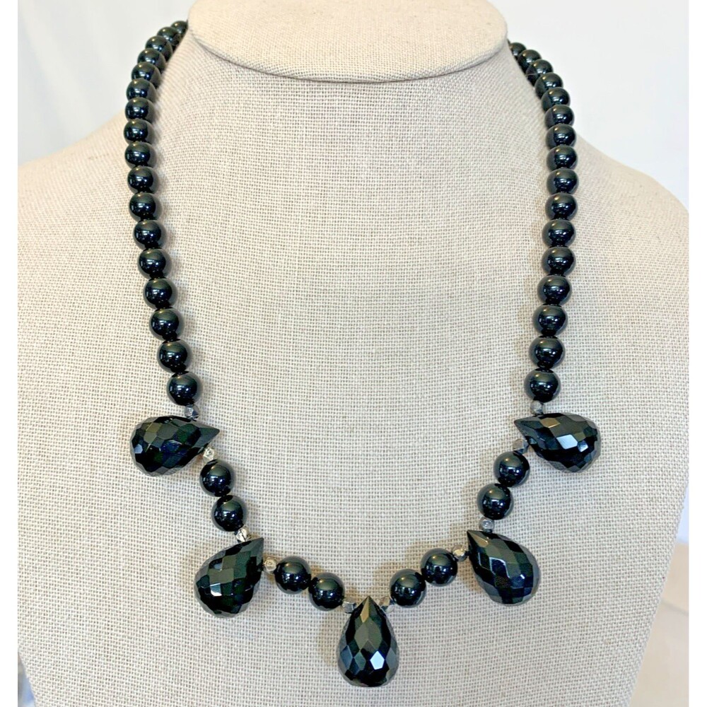 JRI Mexico Silver 925 Onyx Round Beads and Faceted Tear Drop Beads Necklace
